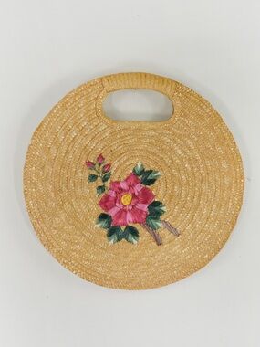 Vintage 60s 70s Woven Straw Purse Bag Resort Cruise Tote W/ Embroidered Floral